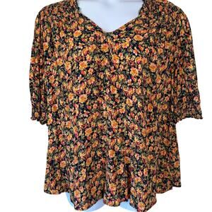 Terra & Sky Black Floral Boho Top 2X Plus Smocked Puff Sleeve V-Neck Cottagecore